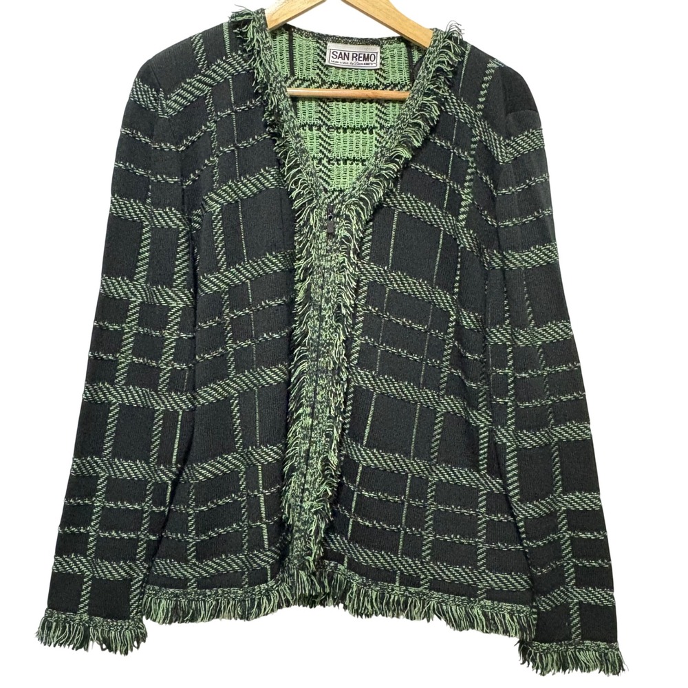 VTG San Remo Womens Knit Jacket XL Black Green Fringe Geometric Lagenlook Office